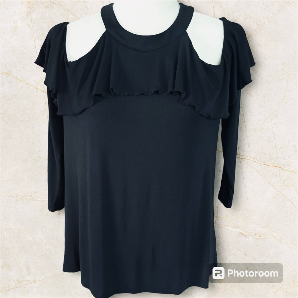 Rebecca Minkoff Marisol Black Long Sleeve Cold Shoulder Choker Ruffle Tee Blouse